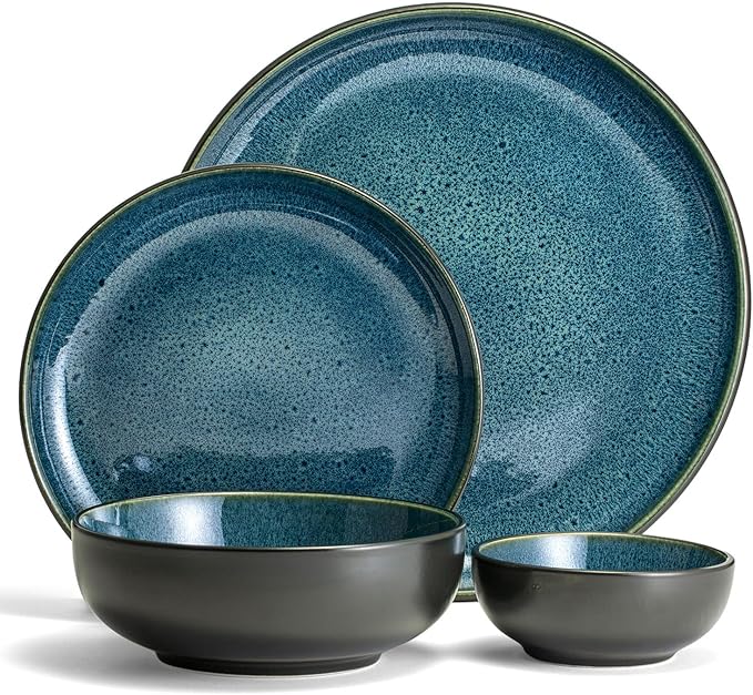 Sango 16-Piece Stoneware Dinnerware Set for 4 Glossy Black/Blue Big Dinner Plates and Bowls Sets with Reactive Glaze Ceramic Dish Set Modern Beautiful Dishes Microwave &amp Dishwasher Safe Reson