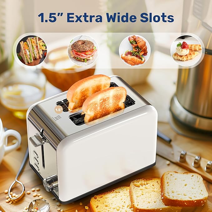 YSSOA 2-Slice Toaster with 6 Browning Setting and 3 Function Extra Wide Slot &amp Removable Crumb Tray Retro Stainless-Steel Style for Bread &amp Waffle White