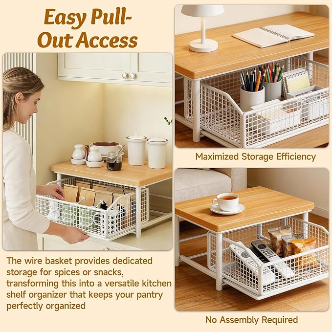 Kitchen Countertop Organizer with Drawer and Wire Basket 2-Tier Hardwood Shelf Space-Saving Storage for Microwave Coffee Maker Toaster Kitchenware (Double Deck-White)