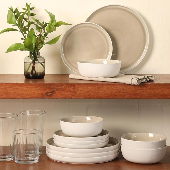 Gibson Elite Tahoe Sunset 12-Piece Reactive Stoneware Dinnerware Set – Matte Exterior &amp Shiny Interior Plates and Bowls Durable Everyday Dish Set Microwave &amp Dishwasher Safe - Taupe