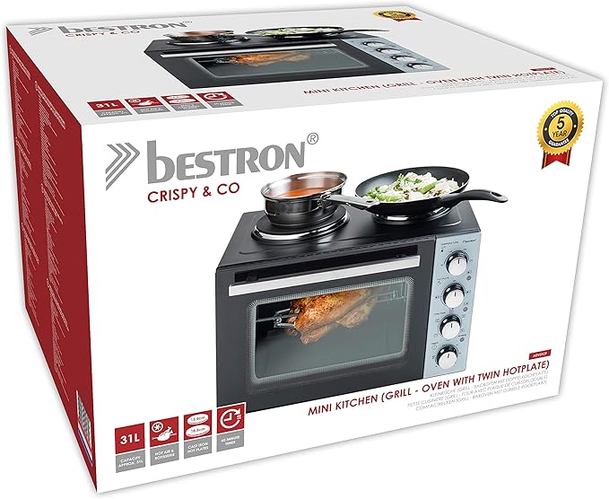 Bestron AOV31CP Small Kitchen Mini Oven with Double Hob Top/Bottom Heat with Convection Air up to 230 ° C 3200 Watt Black