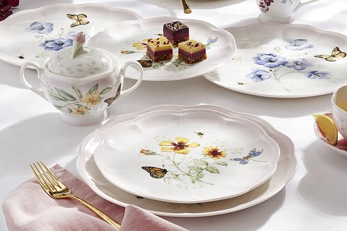 Lenox Dinnerware Set Butterfly Meadow Pink 12-Piece Set Service For 4 Porcelain Bowls Plates And Bowls Set Microwave Safe Dishwasher Safe Dishes Home &amp Kitchen (Assorted 12 Pieces)