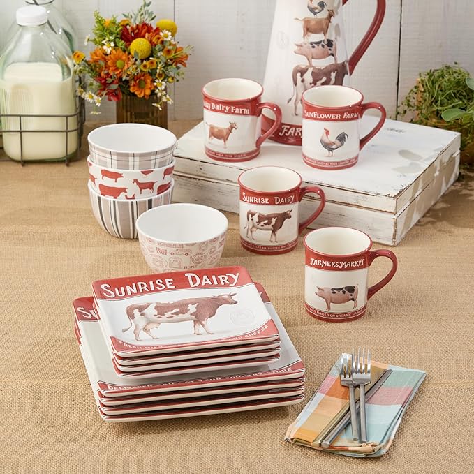 Vintage Farm 16-Piece Dinnerware Set Includes 10.5-Inch Dinner Plates 8.5-Inch Salad Plates 16-Oz Mugs &amp 5.25-Inch Bowls Farm Animal Design with Red Accents Rustic &amp Dishwasher Safe