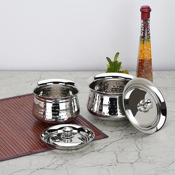 Sumeet Stainless Steel Handcrafted Hammered Texture Handi Set with Lid for Kitchen Set of 2 460ml &amp 650ml Silver