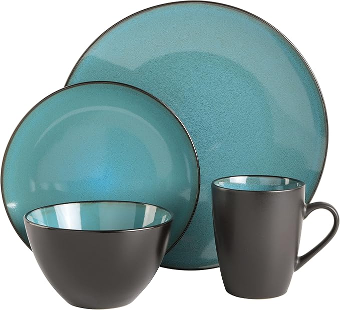 Gibson Elite Soho Lounge 16-Piece Round Reactive Glaze Stoneware Dinnerware Set Service for 4 – Teal Plates and Bowls