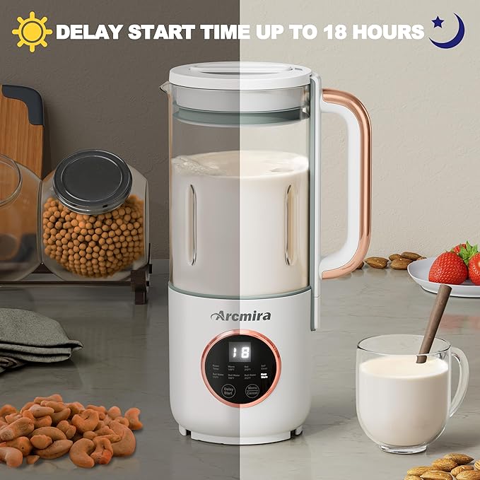 8 in 1 Automatic Nut Milk Maker 10 Blade 35 oz Homemade Oat Soy Plant-Based and Dairy Free Beverages Almond Milk Maker with Delay Start/Keep Warm/Boil Water Soy Milk Maker with Nut Milk Bag