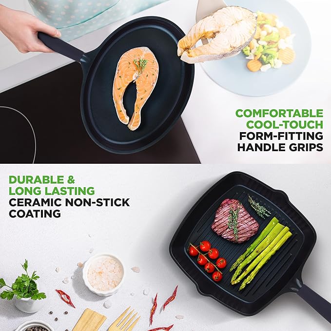 NutriChef NonStick Frying Pans – 5-Piece Skillet Set with Ceramic Coating Wok Grill Fry &amp Fish Pans – Compatible with All Cooktops Including Induction – Cool-Touch Handles Easy-Clean
