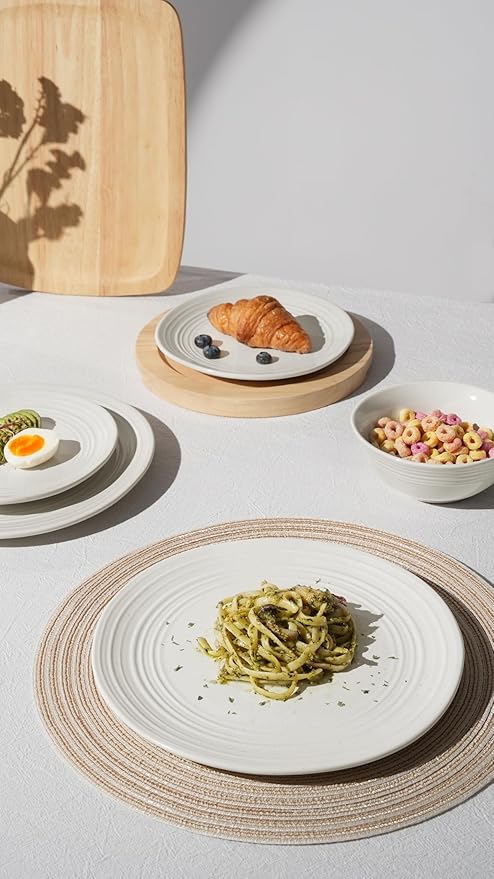 Famiware Plates and Bowls Sets 18-Piece Stoneware Dinnerware Sets Dishes Set for 6 Hand-made Reactive Glaze Dish Set Twilight Series White