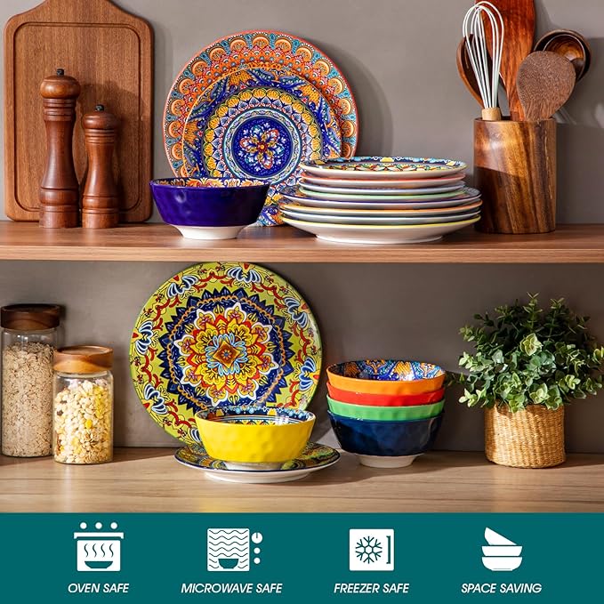 vancasso 18 Pieces Plates and Bowls Set Bohemian Style Dinnerware Sets Service for 6 Porcelain Boho Dishes Set for Kitchen Housewaring Gift Dishwasher and Microwave Safe Series KRVI