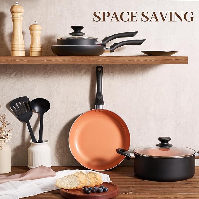 8pcs Gold Ceramic Pots and Pans Set Cooking Pan SetCooking Pot Set Ceramic Pan Set Nonstick Cookware Set Induction Safe Kitchen Cooking Set with Frying Pans Saucepans shovel and Ladle