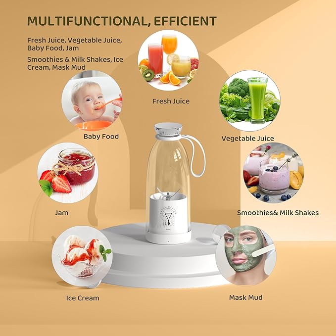 Portable Blender Personal Smoothie Maker with 6 Blades Rechargeable Mini Juicer Cup 17 oz with Travel Lid for Outdoors Camping Office Kitchen (Black)