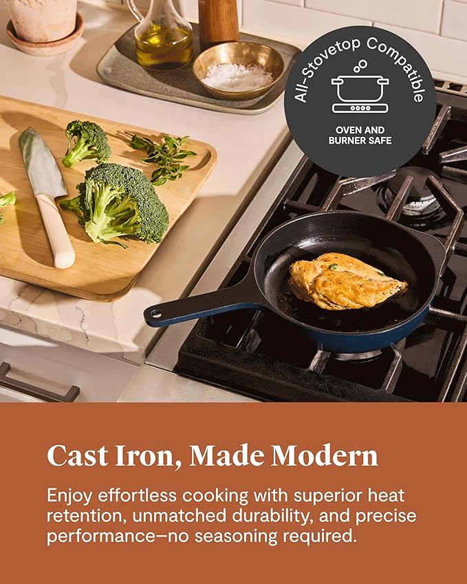 Caraway 8-Piece Enameled Cast Iron Set - 10.5” Skillet Grill Pan 3.5 qt Braiser Pan 6.5 qt Dutch Oven with Lid and Organizers - Non-Toxic 3-Layer Enamel Coating - No Seasoning Required - Dark Navy