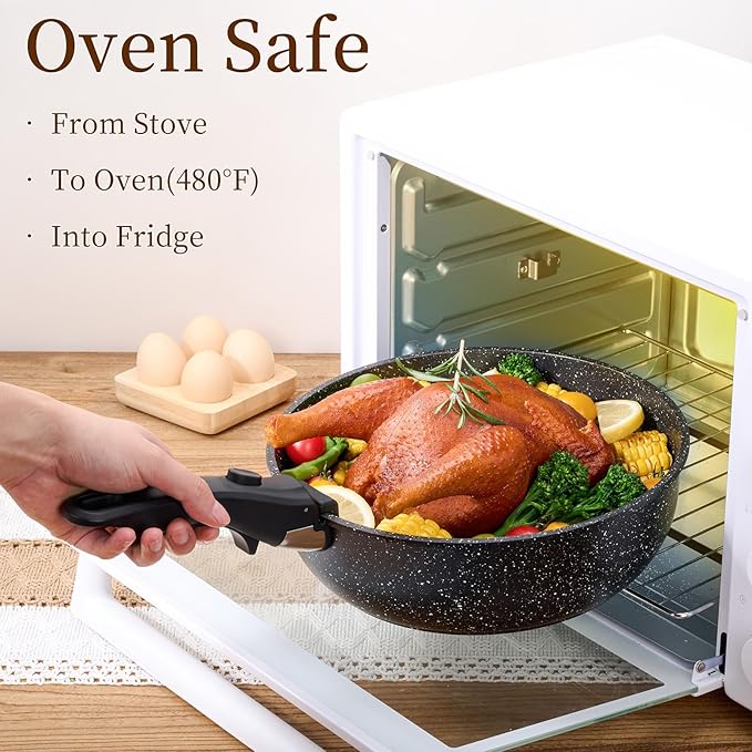 JEETEE Pots and Pans Set Non Stick 19pcs Kitchen Cookware Sets with Detachable Handle Induction Nonstick Cookware Set with Removable Handle Stackable RV Cookware Oven Safe PFOA Free Black