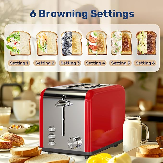 YSSOA 2-Slice Toaster with 6 Browning Setting and 3 Function Extra Wide Slot &amp Removable Crumb Tray Retro Stainless-Steel Style for Bread &amp Waffle Red