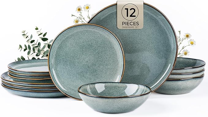 AmorArc Ceramic Dinnerware SetsHandmade Reactive Glaze Stoneware Plates and Bowls SetsHighly Scratch Resistant | Dishwasher &amp Microwave Safe Dishes SetService for 4 (12pc)