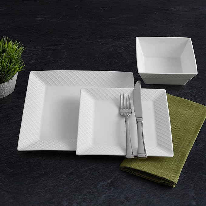 Trellis White Square 16 Piece Dinnerware Set Service For 4