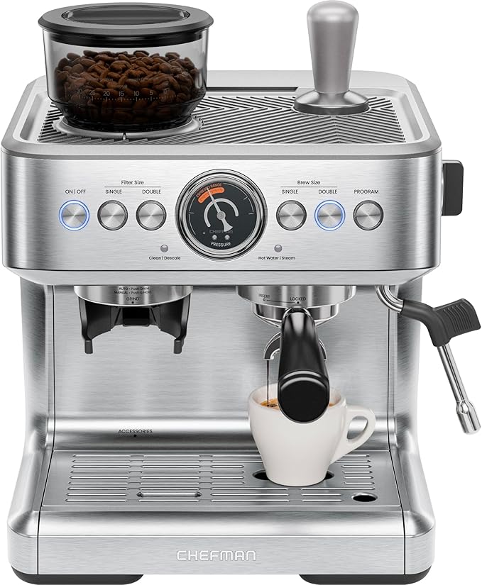Chefman Crema Supreme 15 Bar Espresso Machine with Milk Frother Barista Steam Wand Professional Coffee Maker with Coffee Grinder 30 Grind Settings 3L Removable Water Tank - Stainless Steel