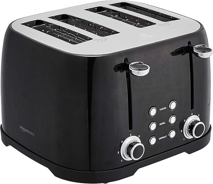 Amazon Basics 4 Slice Toaster 6 Browning Settings Removable Crumb Tray Bagel and Defrost Function Cancel Button 1600W Black