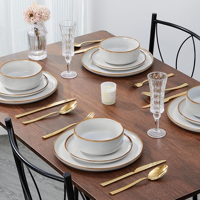 E-far Plates and Bowls Set for 4 and 10.5” Ceramic Dinner Plates Set of 6 Bundle 12-Piece Stoneware Dinnerware Sets Large Reactive Glaze Stoneware Dishes Microwave &amp Dishwasher Safe