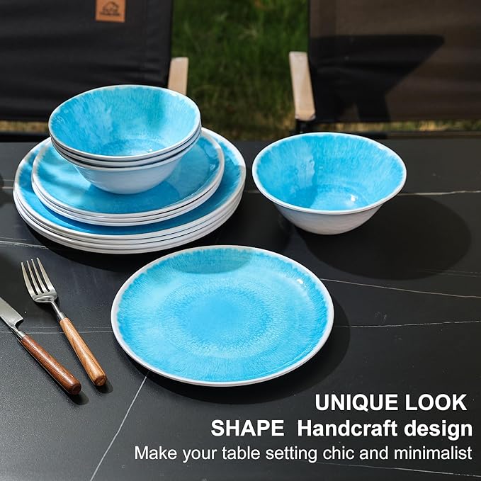 Melamine Dinnerware Sets 12 Pcs Melamine Plates and BowlsParty Plates and Bowls Sets Camping Dishes Set for 4 Unbreakable BPA Free Dishwasher Safe (Lake blue)