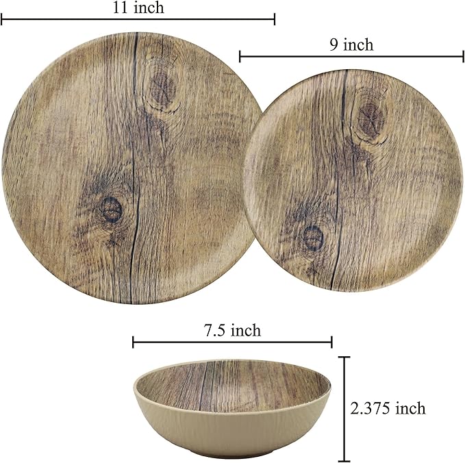 UPware 12 Piece Wood Grain Melamine Dinnerware Sets Outdoor Dishes Set Plates and Bowls Sets Service for 4 Brown