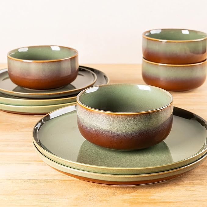 TheTerra Ceramic Dinnerware Sets for 6 18 Pieces Handmade Reactive Glaze Plates and Bowls Set Scratch Resistant Dish Set Oven &amp Microwave &amp Dishwasher Safe Sage Umber