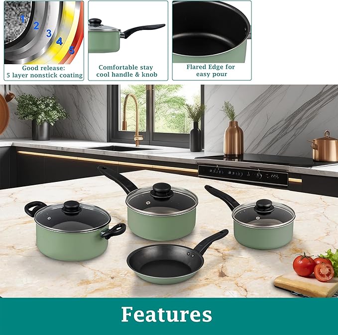 7-Piece Aluminum Cookware Set Nonstick Pots and Pans Green