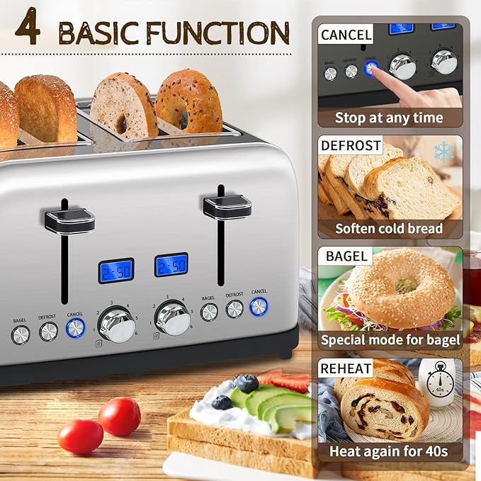 SEEDEEM Toaster 4 Slice LCD Display 6 Shade Settings 1.5'' Wide Slots Digital Stainless Toaster for Bagel Defrost Reheat Dual Control Removable Crumb Tray 1500W Silver Metallic