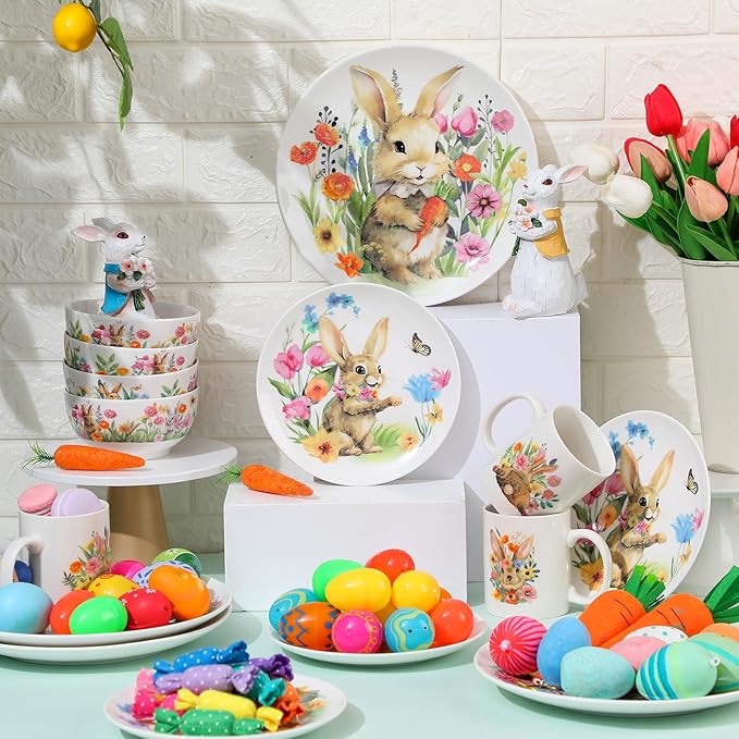 Zhehao 16 Pcs Easter Bunny Dinnerware Set Ceramics Rabbit Dishware Include 10 Inch Dinner Plate 7 Inch Salad Plate 5 Cereal Bowl 16 oz Coffee Mug for Holiday Dinner Party Service for 4