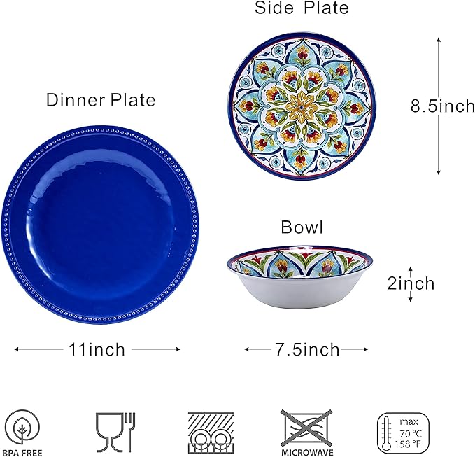 Melamine Dinnerware Sets 12Pcs Durable Plates and Bowls for 4 Lightweight Dishes Dinnerware Sets for Indoor and Outdoor Use Dishwasher Safe BPA free (Retro Style)