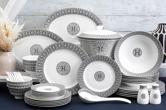 44 Piece Bone China Dinnerware - Gorgeous Set for 6 - Mosaic Design with Silver Detailing - Dining Plates Bowls Tureen and Serving Pieces - For Everyday Dishes or Formal Occasion (44 Piece Set)