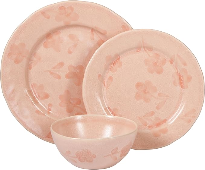 Bloomhouse - 2 Time Oprah's Favorite Things - Made in Portugal Hand Painted Dinnerware Set - Porto Petals 12 Piece (Service for 4) Floral Plates and Bowls Set - Blush Pink