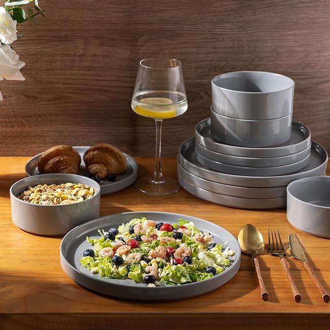 AmorArc Ceramic Dinnerware Set for 8 | Speckled Stoneware Plates and Bowls with Rustic Terracotta Underside| Scratch ResistantDishwasher &amp Microwave Safe Dishes Sets- 24pcs Gray