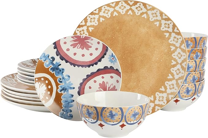 Spice by Tia Mowry Savory Saffron Decorated Coupe Porcelain Chip and Scratch Resistant Dinnerware Set Honey Gold 18-Piece