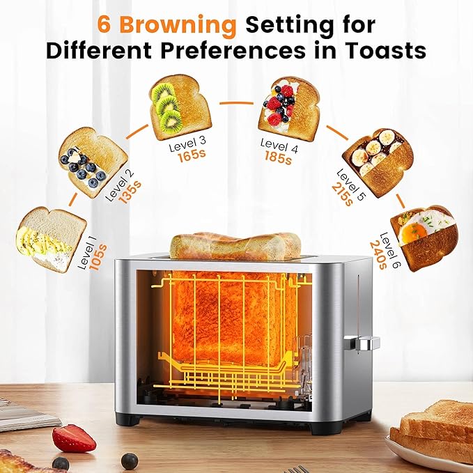 2-Slot Digital Touchscreen Toaster with Wide Slots and 6 Toast Settings Stainless Steel