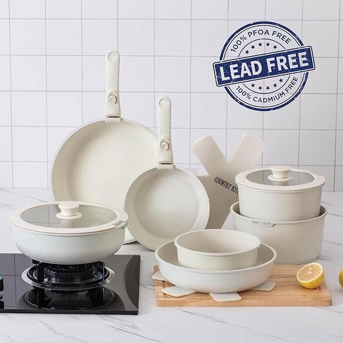 Country Kitchen Cookware Set with Removable Handle Oven &amp RV Safe Pots and Pans Set Cream Deluxe Larger Set