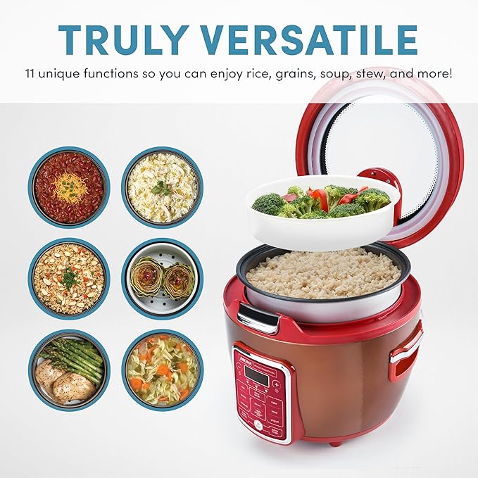Cool Touch Rice Cooker with Glass Lid Food Steamer Slow Cooker Multicooker with 11 Preset Functions Steam Tray Measuring Cup Rice Spatula 20 Cups (Cooked)