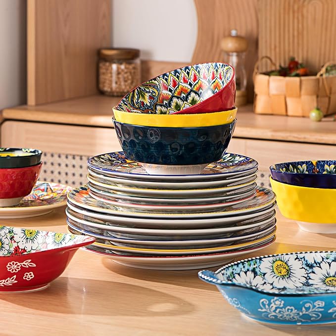 Henten Home Ceramic 12 Pieces Dinnerware Sets Bohemia Dinner Plates Soup Bowls Porcelain Dinnerware Set for 4 Microwave &amp Dishwasher Safe Scratch Resistant