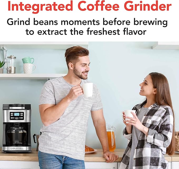 Gourmia Digital Coffee Machine 12Cup FullyAutomatic Large coffee maker integrated CoffeeGrinderPotstainless steel mesh coffee filter 4Hr KeepWarm and Freshness Indicator GCM3180Black and Silver