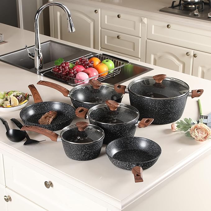 MAISON ARTS Kitchen Cookware Sets Nonstick 12 Piece Pots and Pans Set Non Stick Granite Coated Cooking for Induction Oven Stovetop