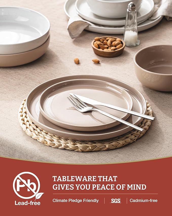 Famiware Milkyway Plates and Bowls Sets 12 Pieces Stoneware Dinnerware Sets Dishes Set for 4 White &amp Cinnamon Brown