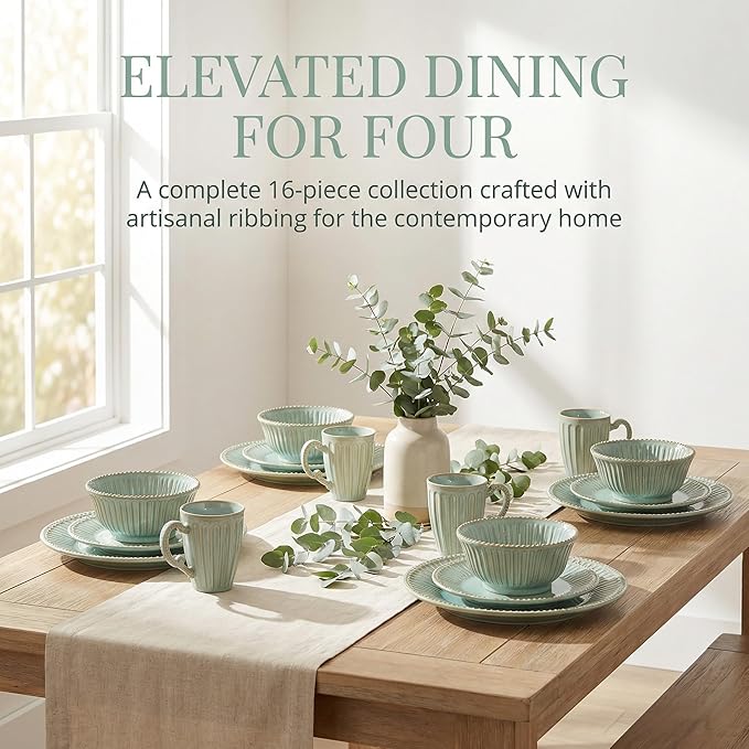 16-Piece Dinnerware Set for 4 Ceramic Plates Bowls and Mugs Dishwasher &amp Microwave Safe Ideal for Family Dinners Parties and Everyday Use Green