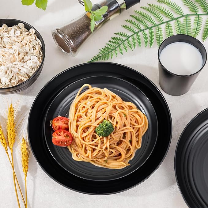 LIYH 16 Pcs Black Wheat Straw Dinnerware Set - Unbreakable Plates and Bowls Sets Dish Sets for 4 Black Plastic Dinnerware Set Include Wheat Straw Dinner Plates Bowls Cups Kitchen &amp Camping