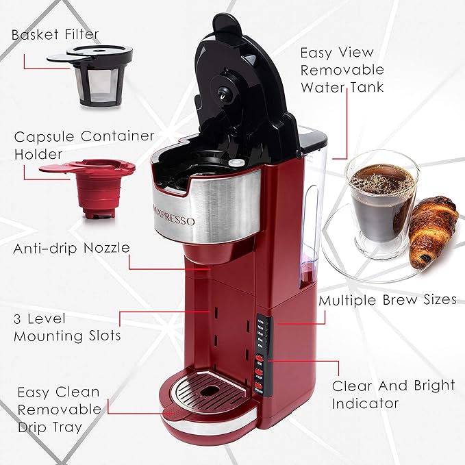 Mixpresso Red Single Serve Coffee Brewer K-Cup Pods Compatible &amp Ground 30 oz Compact Coffee Maker Single Serve With 5 Brew Sizes Up To 14 Oz Fits Travel Mug Adjustable Drip Tray