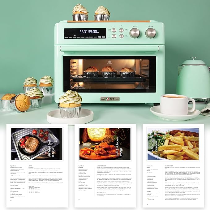 VAL CUCINA Retro Style Infrared Heating Air Fryer Toaster Oven Extra Large Countertop Convection Oven 10-in-1 Combo 6-Slice Toast Enamel Baking Pan Easy Clean with Recipe Book Green Color