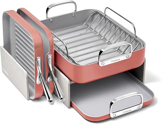 Caraway Square Cookware Set - Square Pans Set - Perfect for Griddling Toasting Searing Roasting and More - Non-Stick Ceramic Coated Pans - Non Toxic PTFE &amp PFOA Free - Perracotta