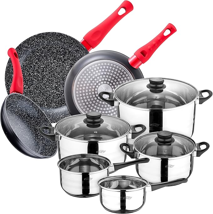 San Ignacio Pack of 3 Pans Diameter 20/24/28 cm Forged Aluminum + Kitchen Battery 8 pcs 5 Bodies and 3 Glass lids Stainless Steel Induction