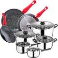 San Ignacio Pack of 3 Pans Diameter 20/24/28 cm Forged Aluminum + Kitchen Battery 8 pcs 5 Bodies and 3 Glass lids Stainless Steel Induction