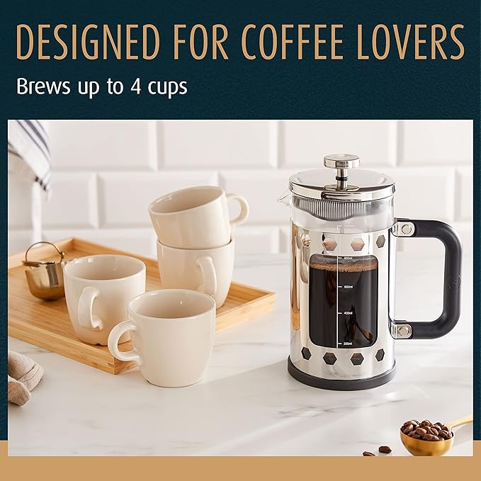 Gracie's Finest French Press Coffee Maker - Large 34 oz. Glass Coffee Pot Carafe with Stainless Steel Filter - French Press Coffee at Home or Office - Dishwasher Safe