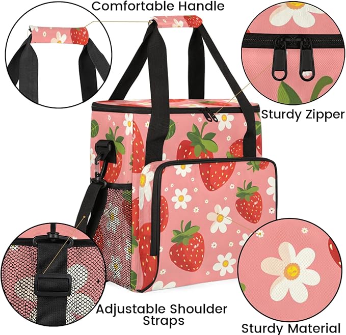 Flower Strawberry Coffee Maker Travel Bag for Keurig K-Mini/K-Mini Plus Insulated Waterproof Tote with Pockets for K-Cup Portable Single-Serve Brewer Case